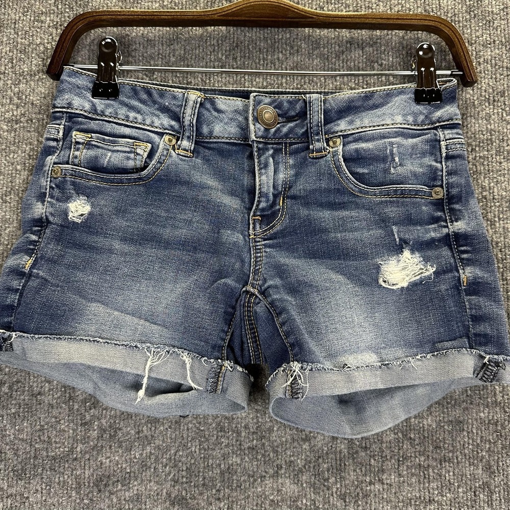 American Eagle Shorts Womens 0 Blue Jean Denim Super Stretch Distressed Cuffed